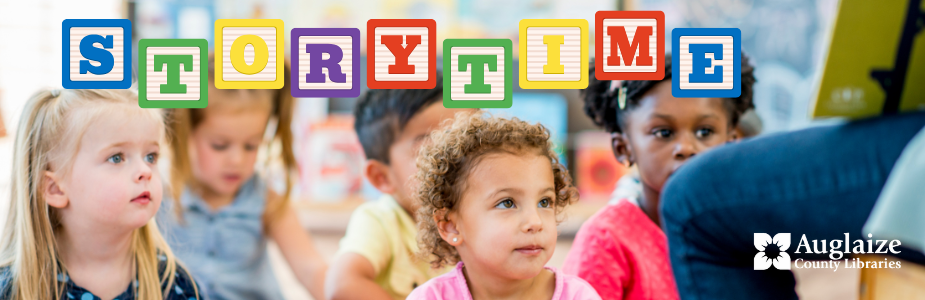 children's faces looking up to a teacher reading a book. Text reads "Storytime" with the Auglaize County Libraries logo bottom right