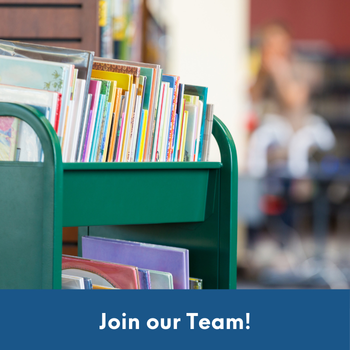 books on a rolling library cart with text: Join our team!
