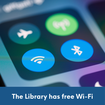 phone screen displaying wi-fi button with text: The library has free wi-fi.