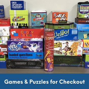 stacks of board games and puzzles with text: games and puzzles for checkout
