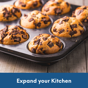 muffins in a muffin pan with text: Expand your Kitchen.