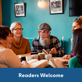 group of people discussing a book around a table with text: Readers welcome.