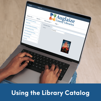 laptop with library catalog visible on screen with text: Using the Library Catalog.