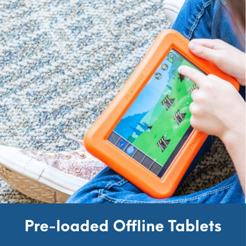 child playing on a launchpad tablet with text: Preloaded offline tablets.