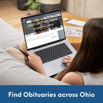 person on laptop viewing the Ohio Obit Index with text: Find obituaries across Ohio.