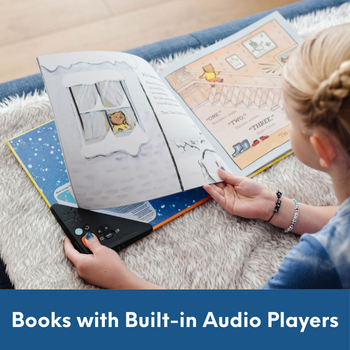 girl reading a picture book with an audioplayer inside the cover and text: Books with built-in audio players.