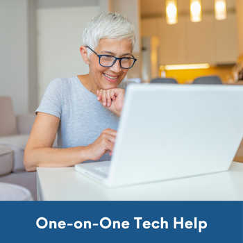 woman looking at a laptop with text: one-on-one tech help.