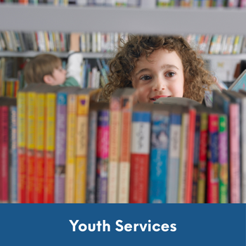 children browsing library shelves with text: Youth Services.