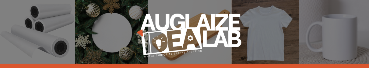 blank paper, ornament, cutting board, t-shirt, and mug with Auglaize Idea Lab logo