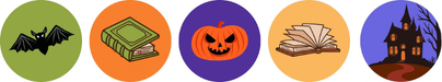 bat and books and pumpkin and haunted house badges