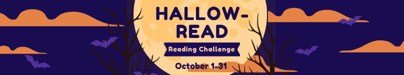 spooky moon scene with text: HallowRead Reading Challenge October 1-31