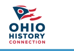 Ohio flag flying drawing with text: Ohio History Connection