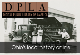 black and white photo of people standing next to old truck with books on shelves inside and text: DPLA. Ohio's local history online.