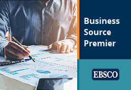 man studying spreadsheets next to text: Business Source Premier. EBSCO.