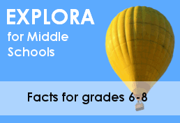 yellow hot air balloon floating with text: Explora for Middle Schools. Facts for grades 6-8.