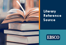 stack of books in a library next to text: Literary Reference Source EBSCO