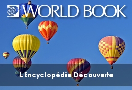 hot air balloons floating across sky with text: World Book. L'Encyclopédie Découverte.