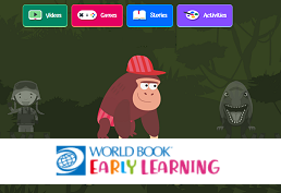 screenshot with a monkey wearing a hat on a screen with text: World Book Early Learning.