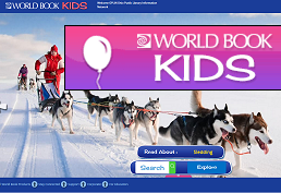 sled dog team with driver in a snowy tundra with text: World Book Kids