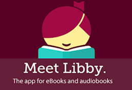 drawing of a girl reading a teal book on a maroon background with text: Meet Libby
