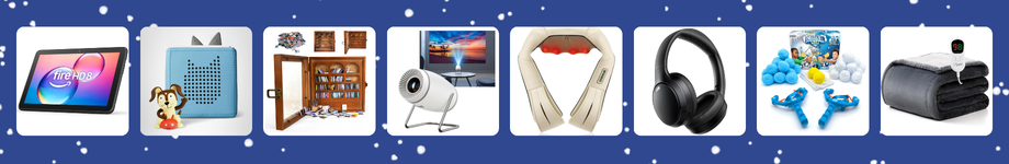 Photos of prizes including a Fire Tablet, Toniebox, Mini bookshelf, Portable Projector, Neck Massager, Headphones, Indoor Snowball Kit, and Electric blanket