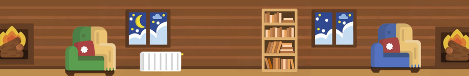 Cozy scene inside a log cabin with fireplace and bookshelf