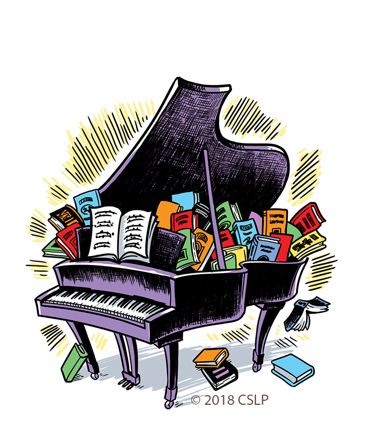 piano filled with books
