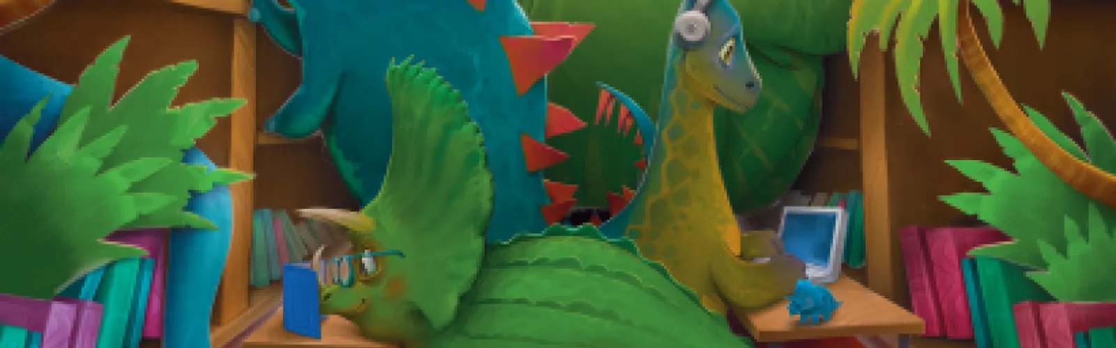 dinosaurs reading and listening while using the library
