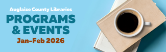 Stack of books with a cup of coffee and the words "Programs and Events for Jan-Feb 2026"